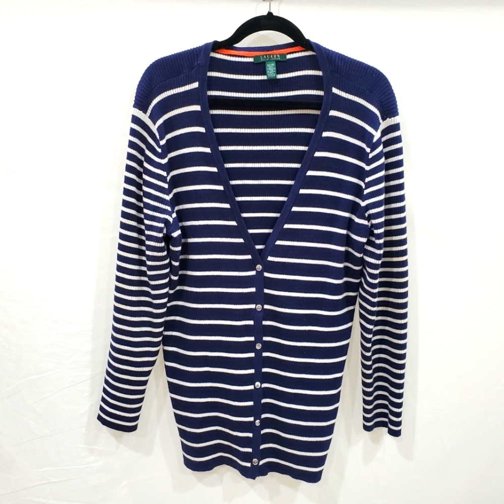 blue white striped v button down cardigan
